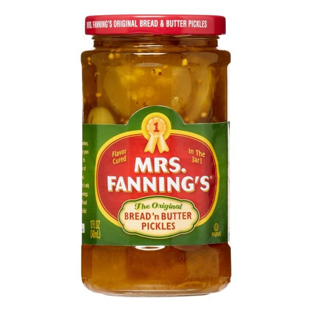 Mrs. Fanning's Bread and Butter Pickles jar with visible spices for nostalgic flavor.
