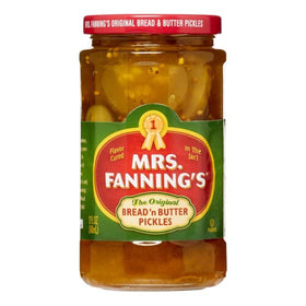 Mrs. Fanning's Bread and Butter Pickles jar with visible spices for nostalgic flavor.