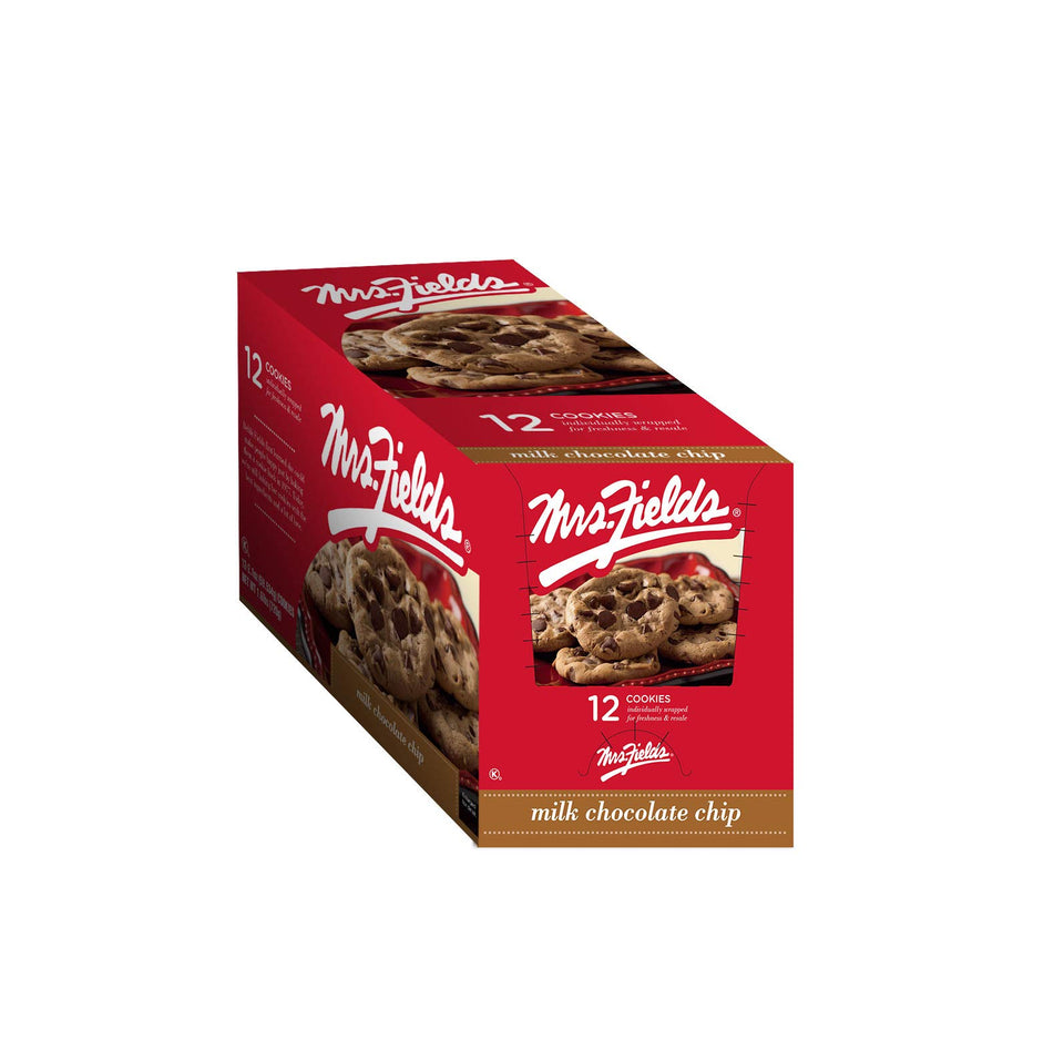 Mrs. Fields Milk Chocolate Chip cookies on a plate, ideal snack with coffee.