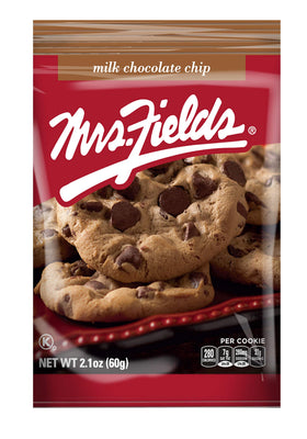 Freshly wrapped Mrs. Fields cookies highlight freshness and on-the-go sharing.