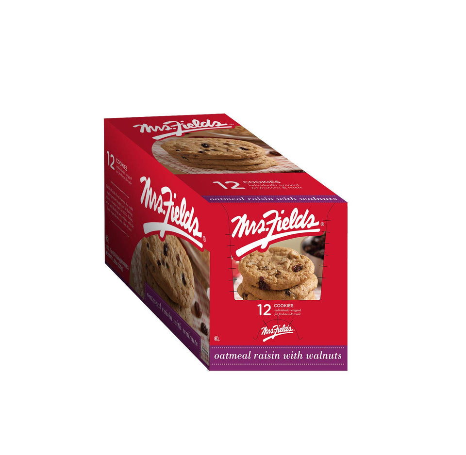 Mrs Fields oatmeal raisin walnut cookies close-up texture, highlighting chewy texture and walnuts.