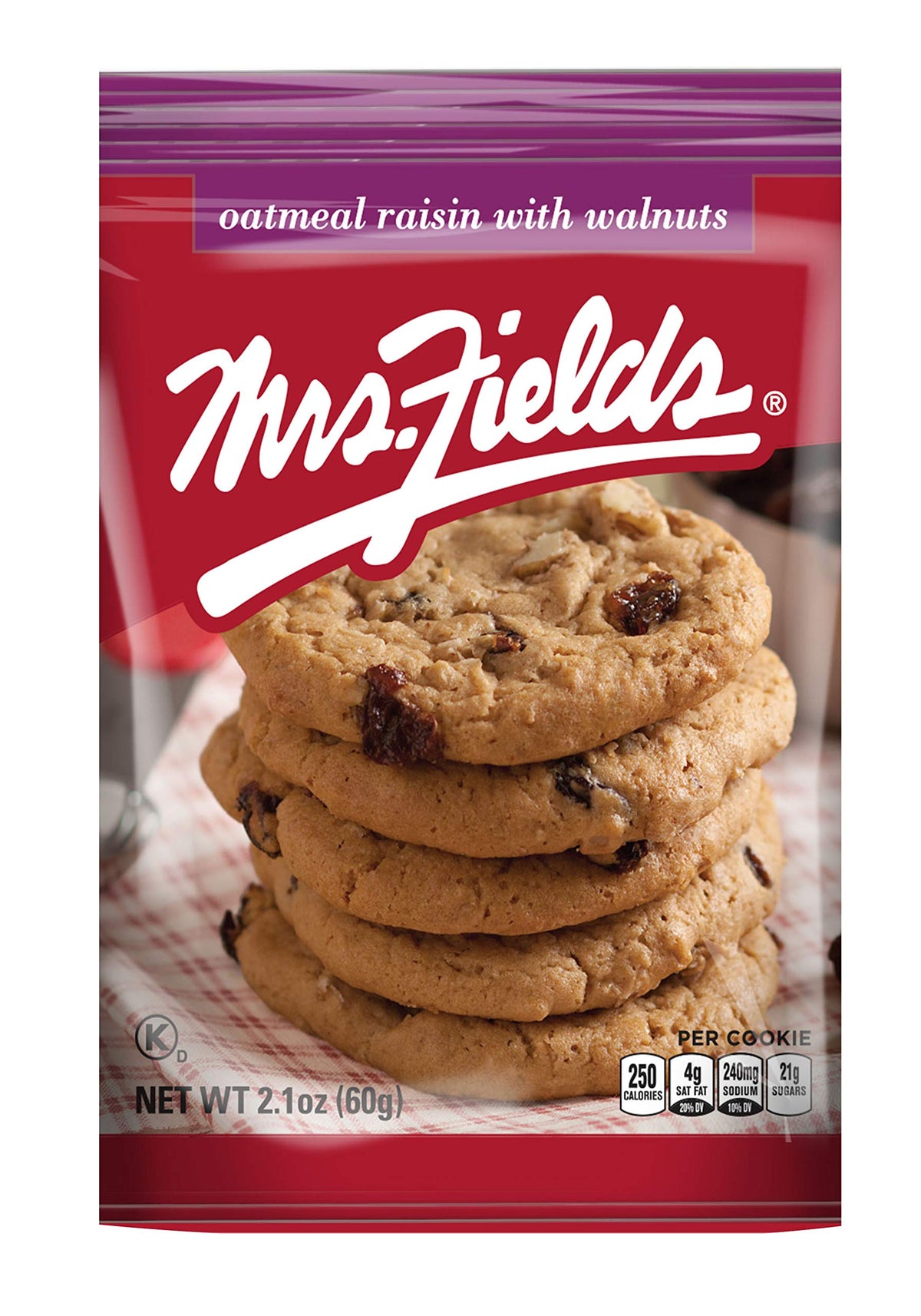 Mrs Fields oatmeal raisin walnut cookies wrapped pack highlighting freshness and convenient snacking.