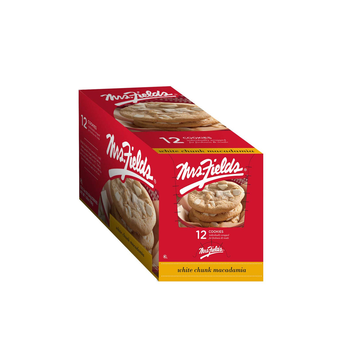 Mrs Fields White Chunk Macadamia cookies in a 12 pack box for sharing