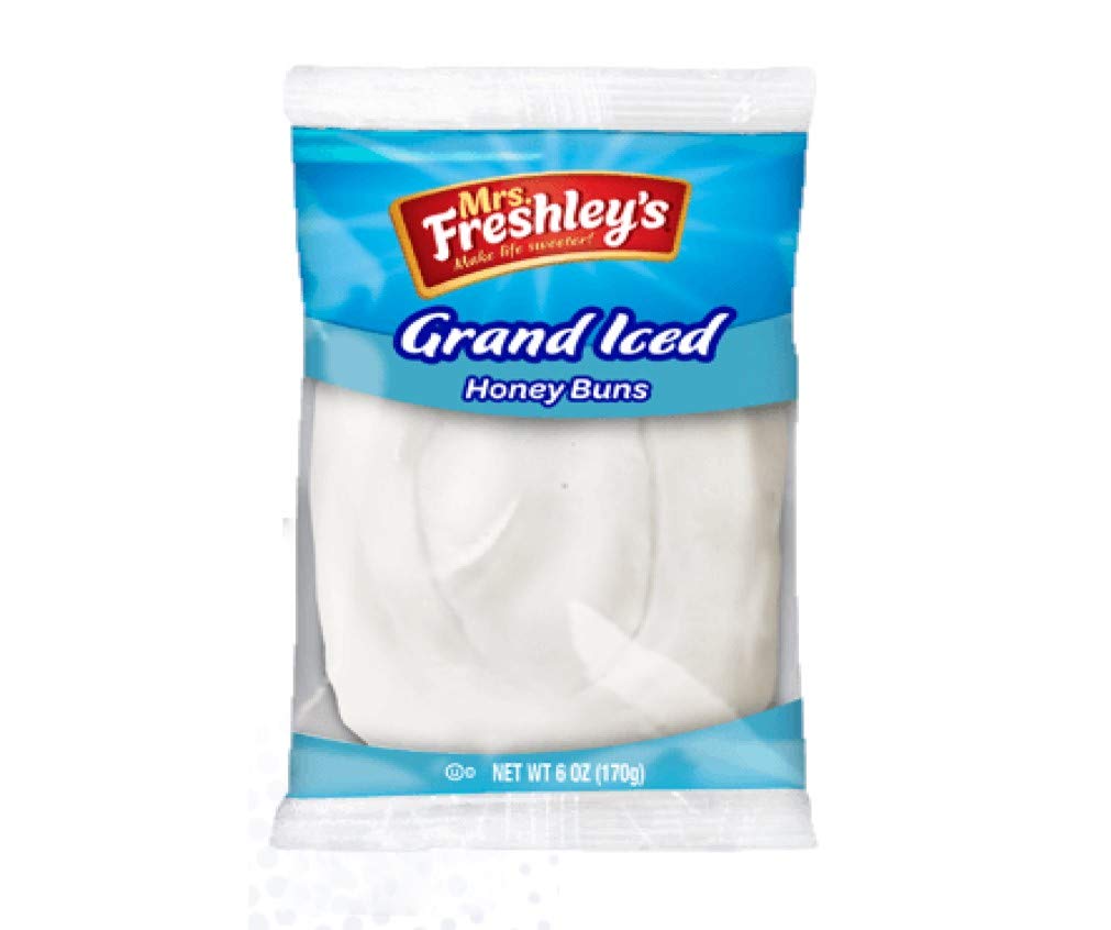 Case-pack display of Mrs. Freshley's Grand White Iced Honey Buns for bulk orders.