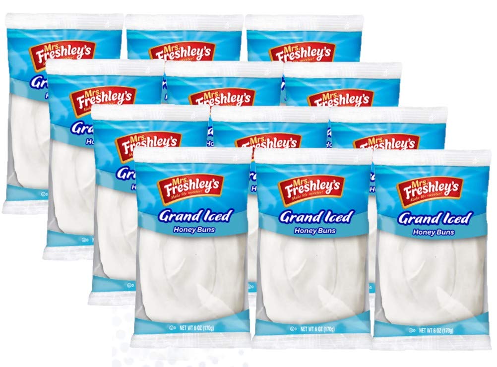 Mrs. Freshley's Grand White Iced Honey Buns in packaging, perfect for bulk displays and grab-and-go snacking.