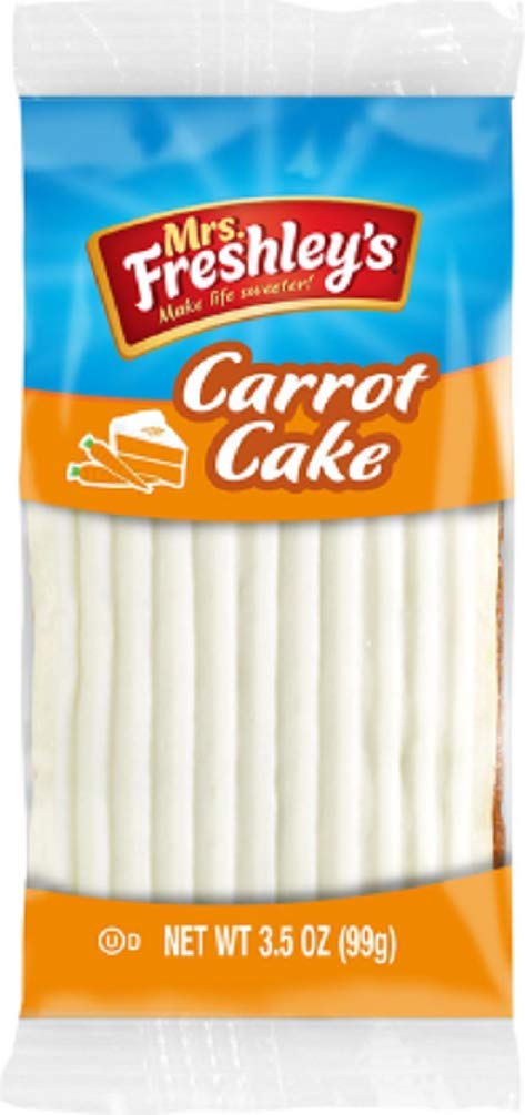 Mrs. Freshley's iced carrot cake in an individually wrapped 3.5 oz portion, ideal for on-the-go snacking.