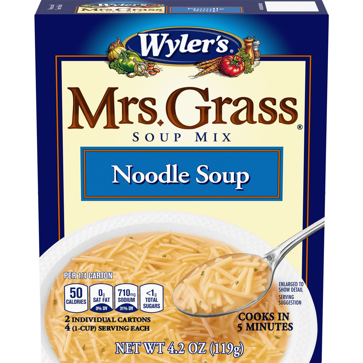 Mrs. Grass Noodle Soup Mix packaging on shelf, convenient pantry staple.