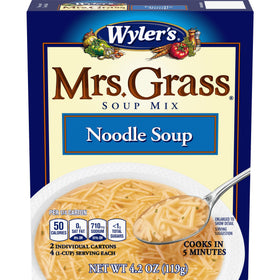 Mrs. Grass Noodle Soup Mix packaging on shelf, convenient pantry staple.