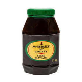 MRS H.S.BALL'S hot chutney 1.1kg jar for easy pouring and bold flavor.