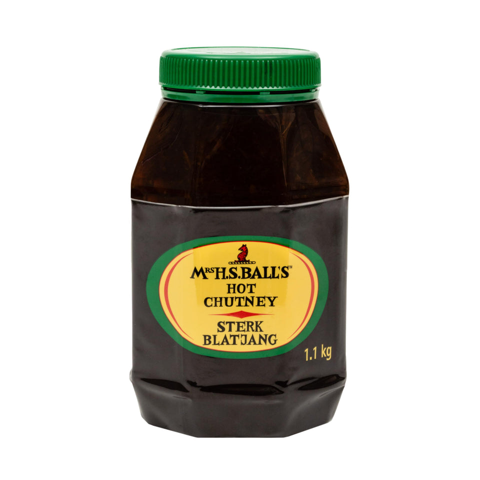 MRS H.S.BALL'S hot chutney 1.1kg jar for easy pouring and bold flavor.