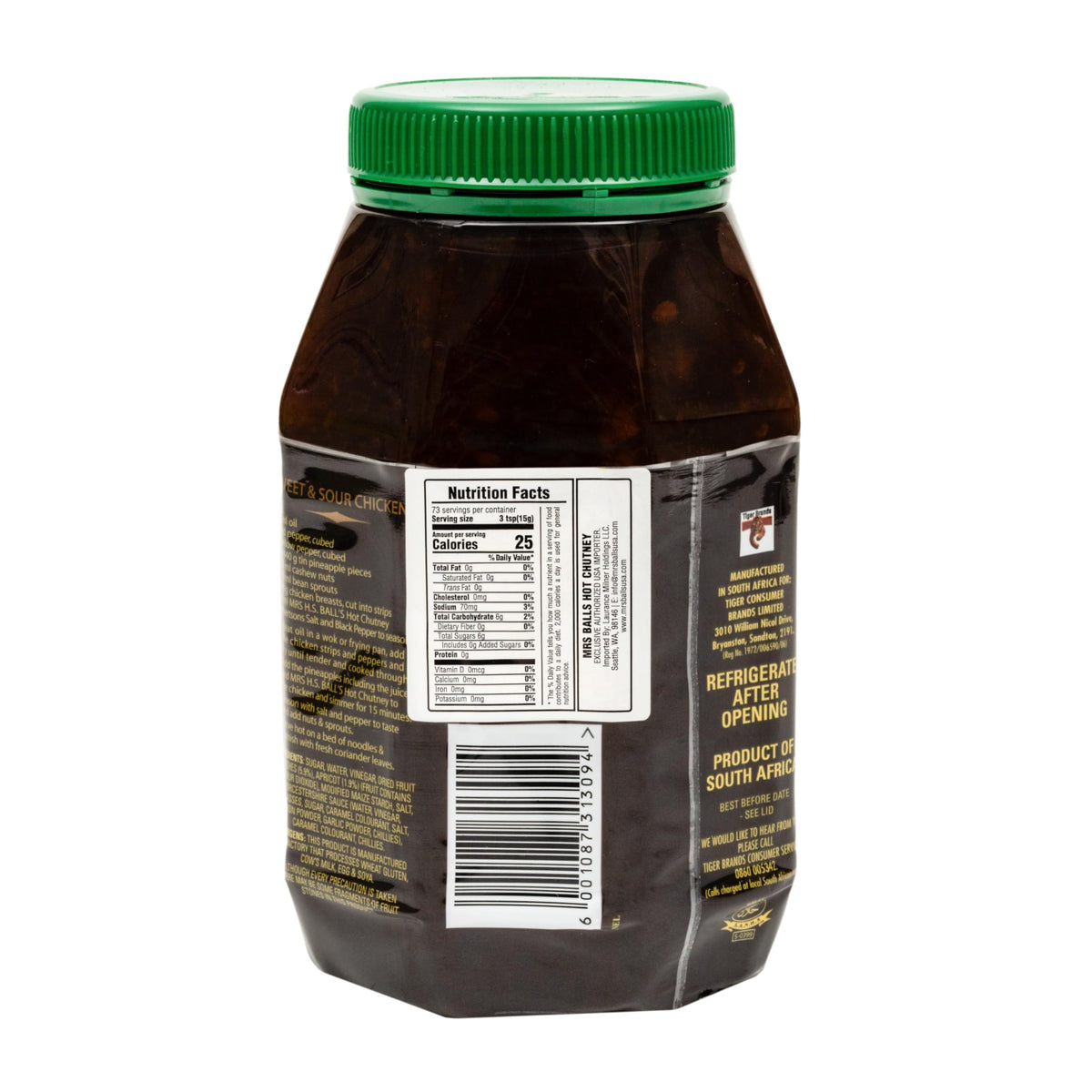 MRS H.S.BALL'S hot chutney jar front view with iconic label.