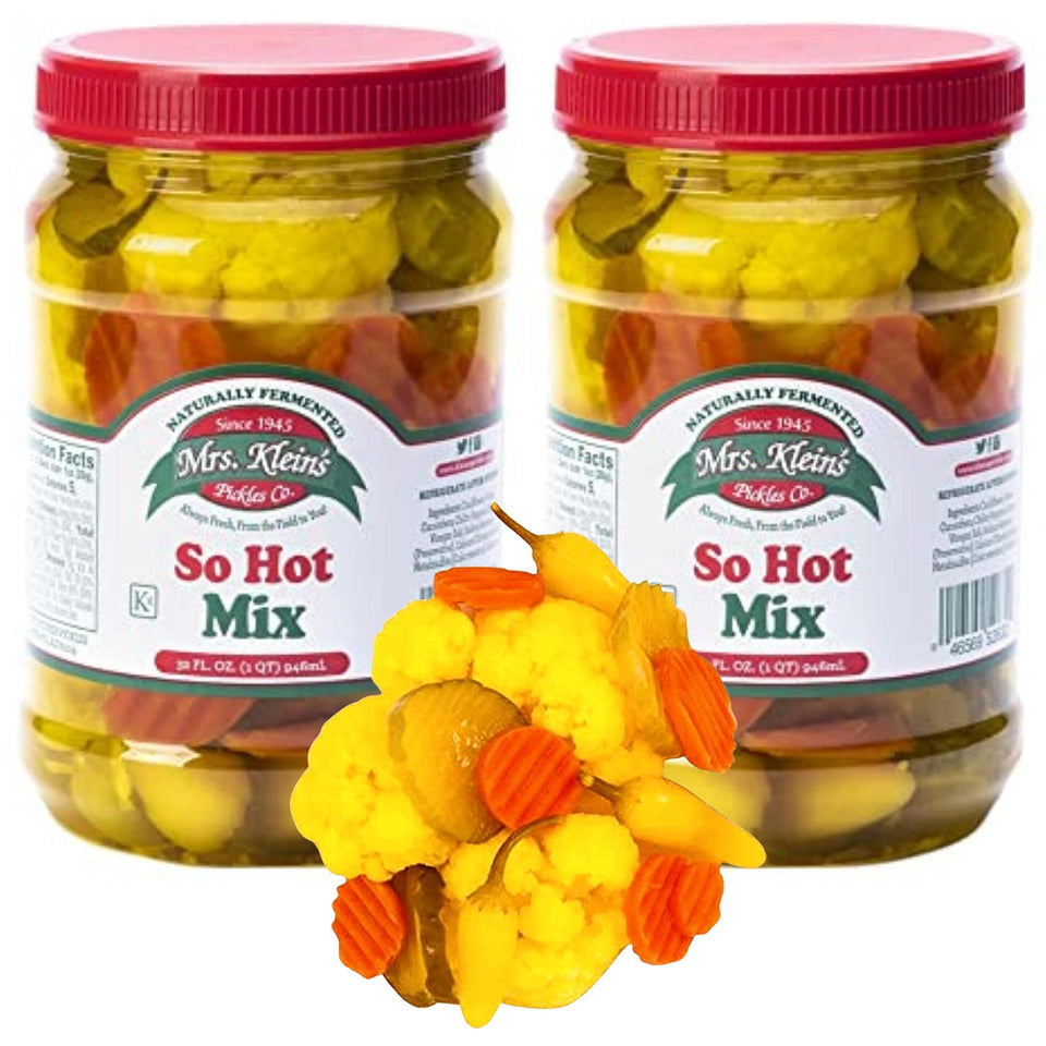 Mrs. Klein's 32oz fresh pickled vegetables jar - versatile vegan snack.