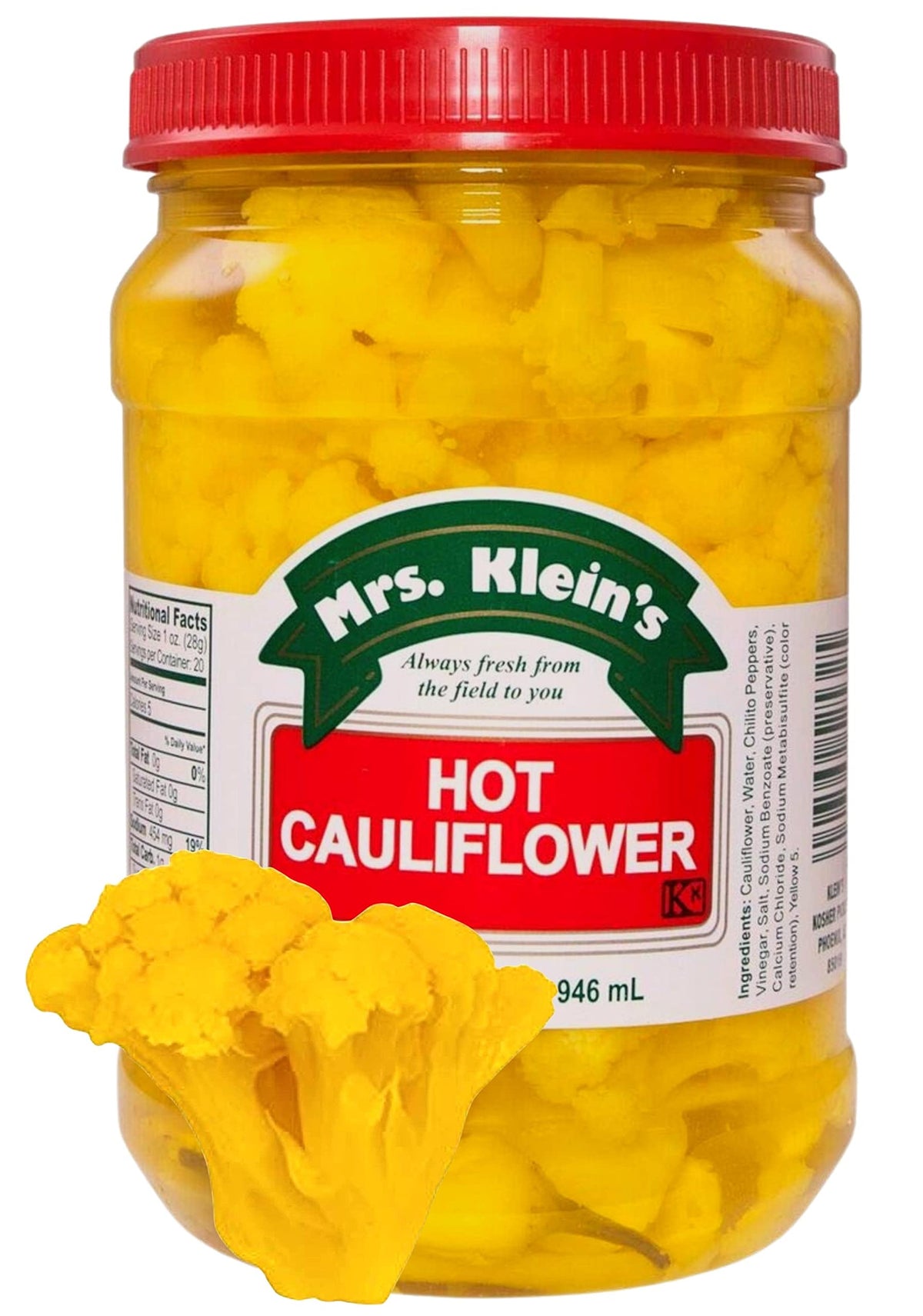 Mrs KLEIN'S Cauliflower Bites hot brine closeup highlighting spicy flavor.