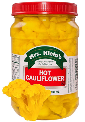 Mrs KLEIN'S Cauliflower Bites hot brine closeup highlighting spicy flavor.
