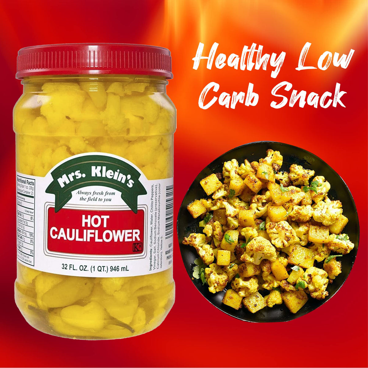 Close-up of Mrs KLEIN'S Cauliflower Bites highlighting the fiery kick.