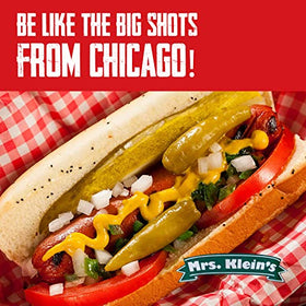Mrs. Klein's Chicago-style relish on hot dog, vibrant green color enhances presentation.
