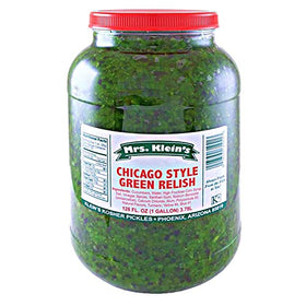 Mrs. Klein's Chicago-style relish jar front, ideal topping for hot dogs.