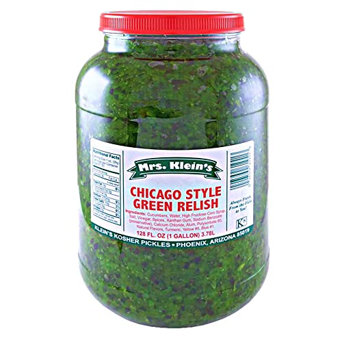Mrs. Klein's Chicago-style relish jar front, ideal topping for hot dogs.