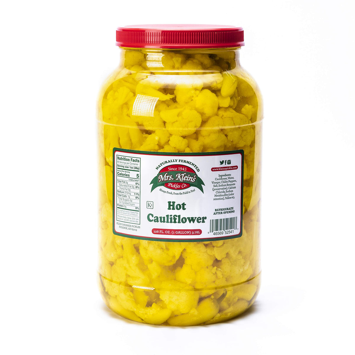 Mrs. Klein's Hot Cauliflower Bites in a gallon jar, tangy and spicy, keto-friendly snack.