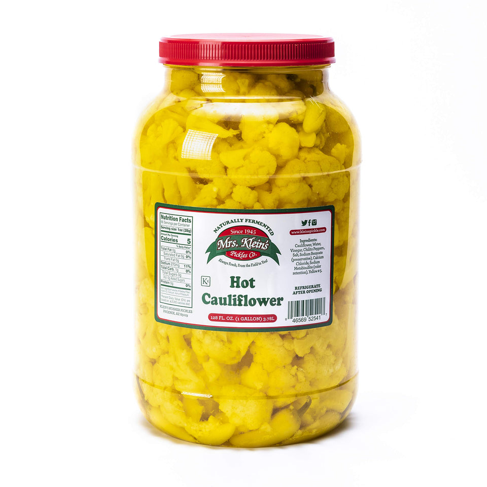 Mrs. Klein's Hot Cauliflower Bites in a gallon jar, tangy and spicy, keto-friendly snack.