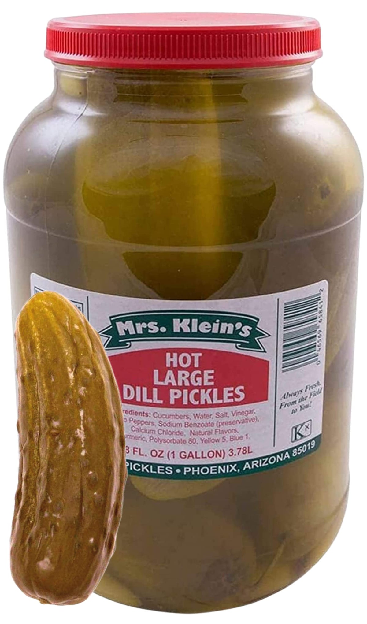 Mrs. Kleins Large Hot Pickles bottle closeup highlighting bold spice and natural ingredients.