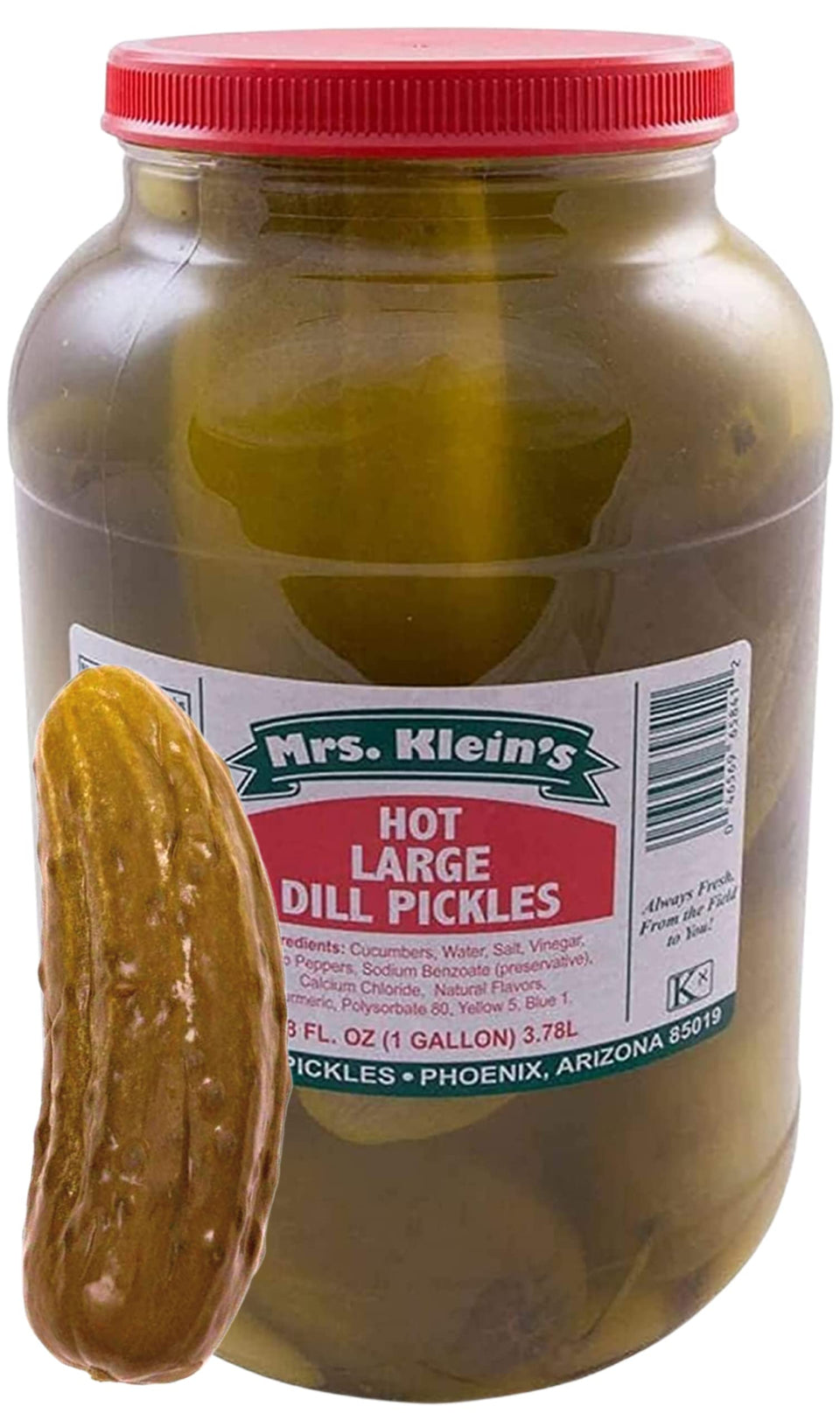 Mrs. Kleins Large Hot Pickles bottle closeup highlighting bold spice and natural ingredients.