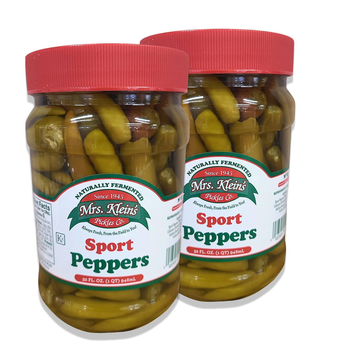 Mrs. Klein's Sport Peppers bulk 64oz jar front view, ideal for Chicago-style hot dogs.