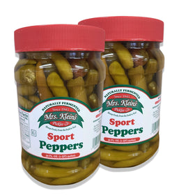 Mrs. Klein's Sport Peppers bulk 64oz jar front view, ideal for Chicago-style hot dogs.