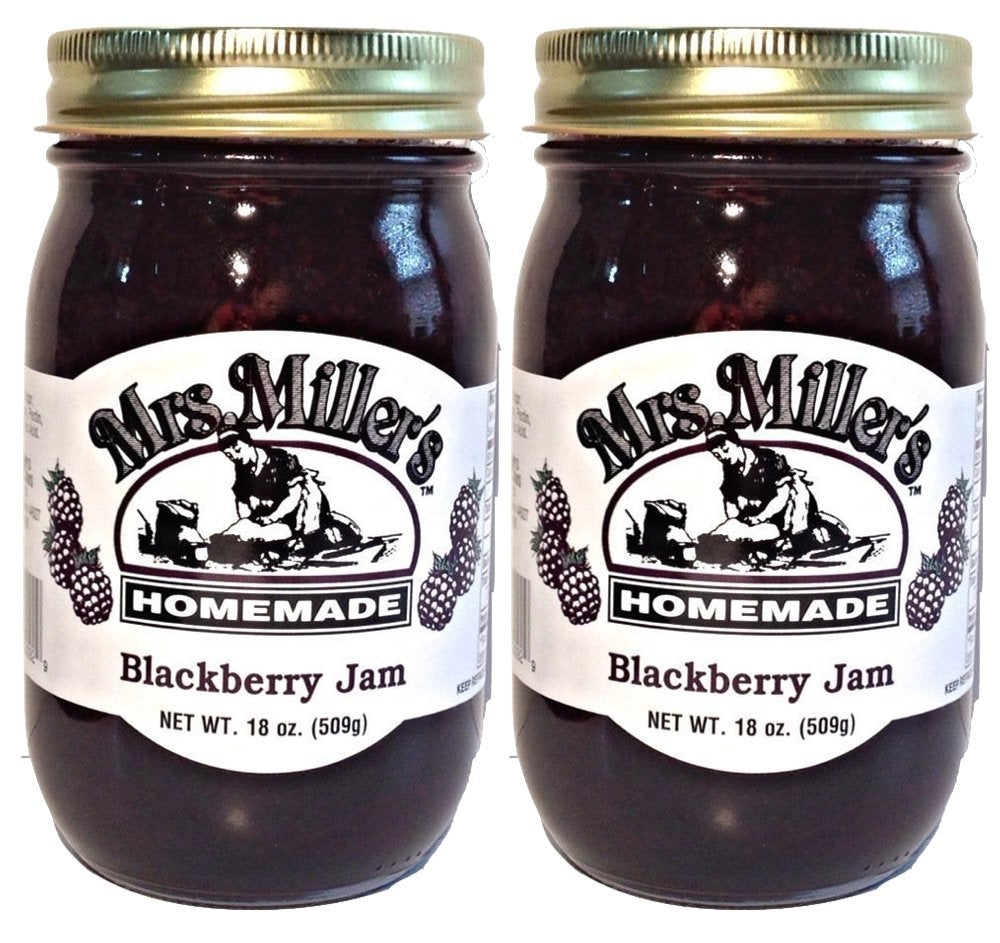 Mrs. Miller's Blackberry Jam jar closeup with glossy spread ideal for breakfast