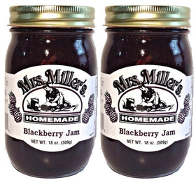 Mrs. Miller's Blackberry Jam jar closeup with glossy spread ideal for breakfast