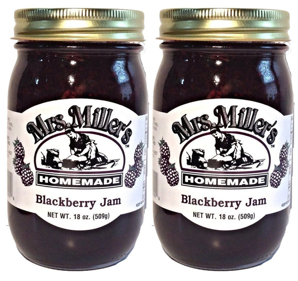 Mrs. Miller's Blackberry Jam jar closeup with glossy spread ideal for breakfast