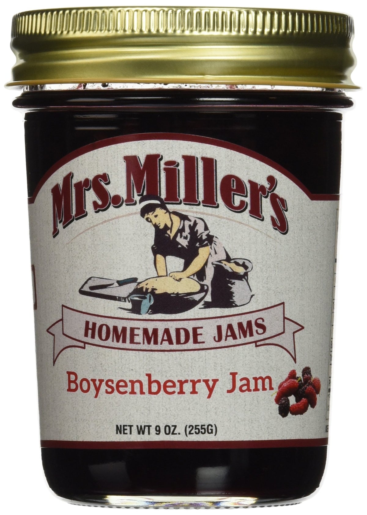 Mrs. Miller's Amish Boysenberry Jam two nine-ounce jars, ideal on toast.