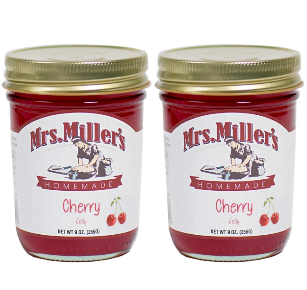 Mrs. Miller's Amish Cherry Jelly front view; two 9 oz jars ready for gifting.