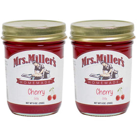 Mrs. Miller's Amish Cherry Jelly front view; two 9 oz jars ready for gifting.