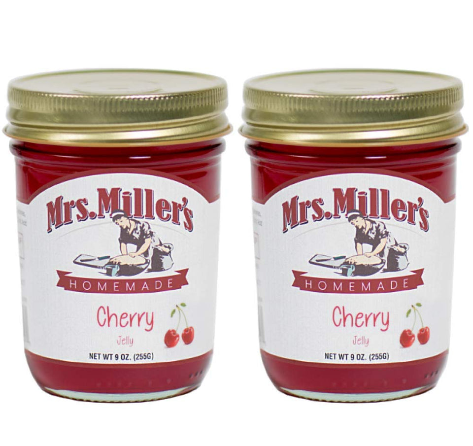 Mrs. Miller's Amish Cherry Jelly front view; two 9 oz jars ready for gifting.