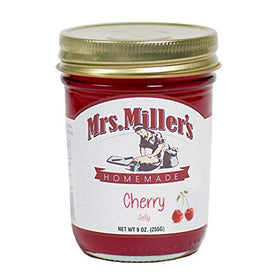 Mrs. Miller's Amish Cherry Jelly label closeup showing traditional recipe and aroma.