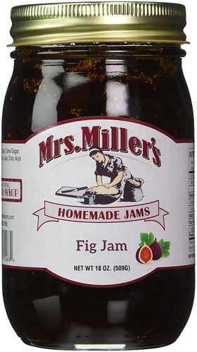 Mrs. Miller's fig jam jar closeup, rich texture ideal for breakfast toast.