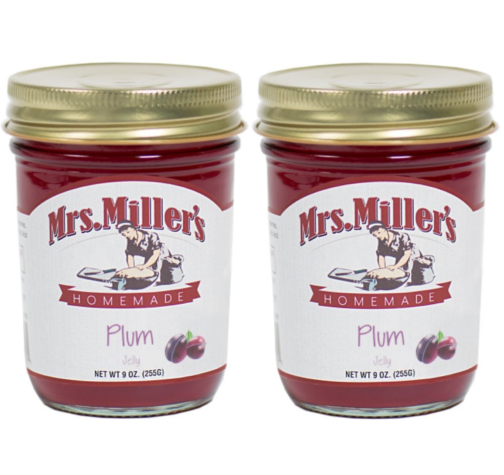 Mrs. Miller's Amish Plum Jelly front view in the jar, perfect for breakfast spreads.