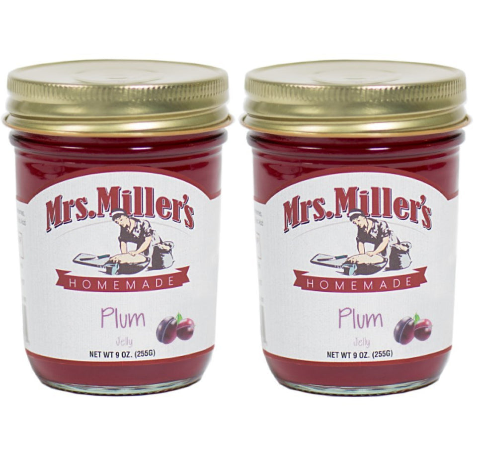 Mrs. Miller's Amish Plum Jelly front view in the jar, perfect for breakfast spreads.