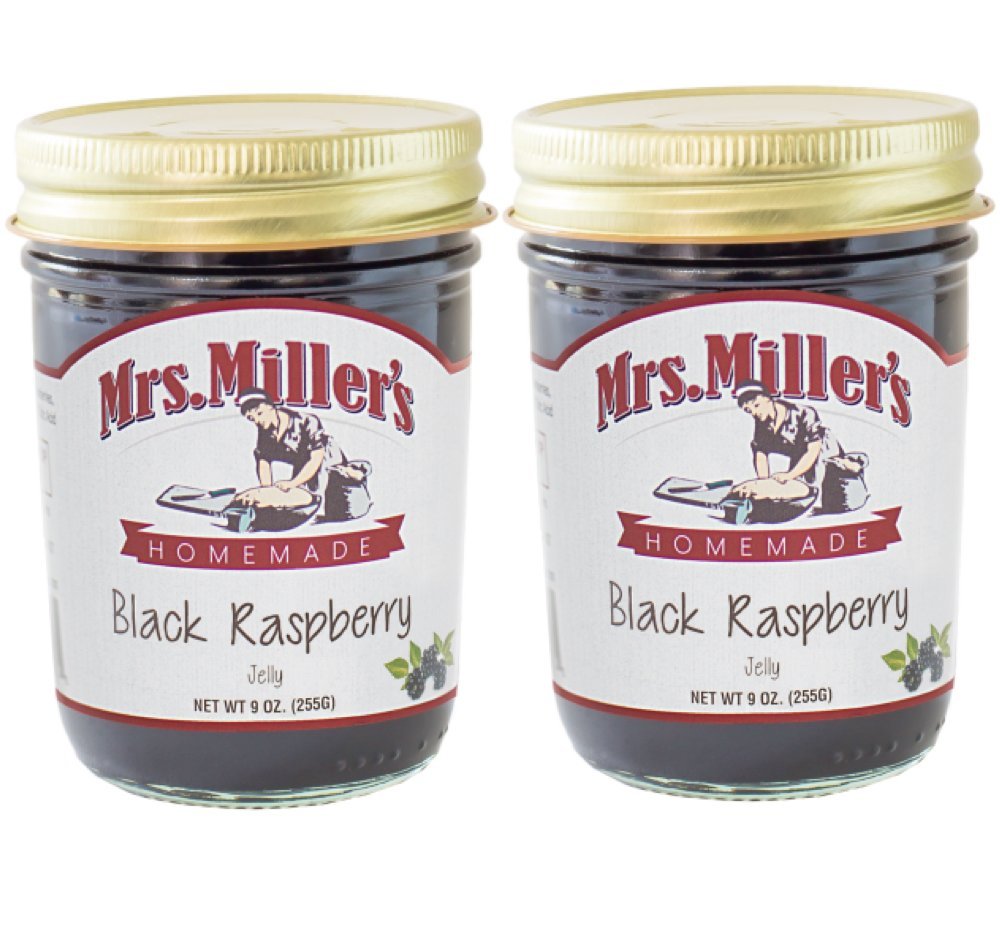 Mrs. Miller's Black Raspberry Jelly two-pack jars with rich color.