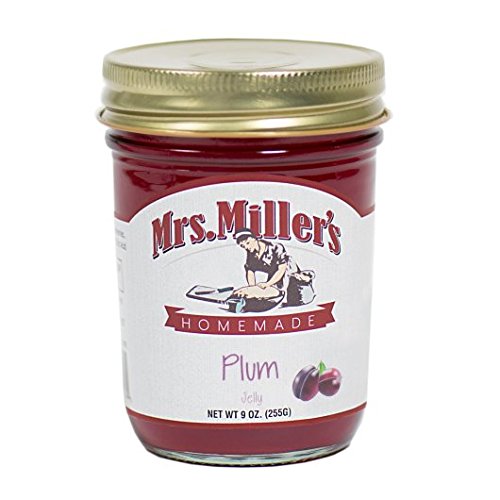 Mrs. Miller's Amish Plum Jelly close-up texture shows rich, glossy fruit.