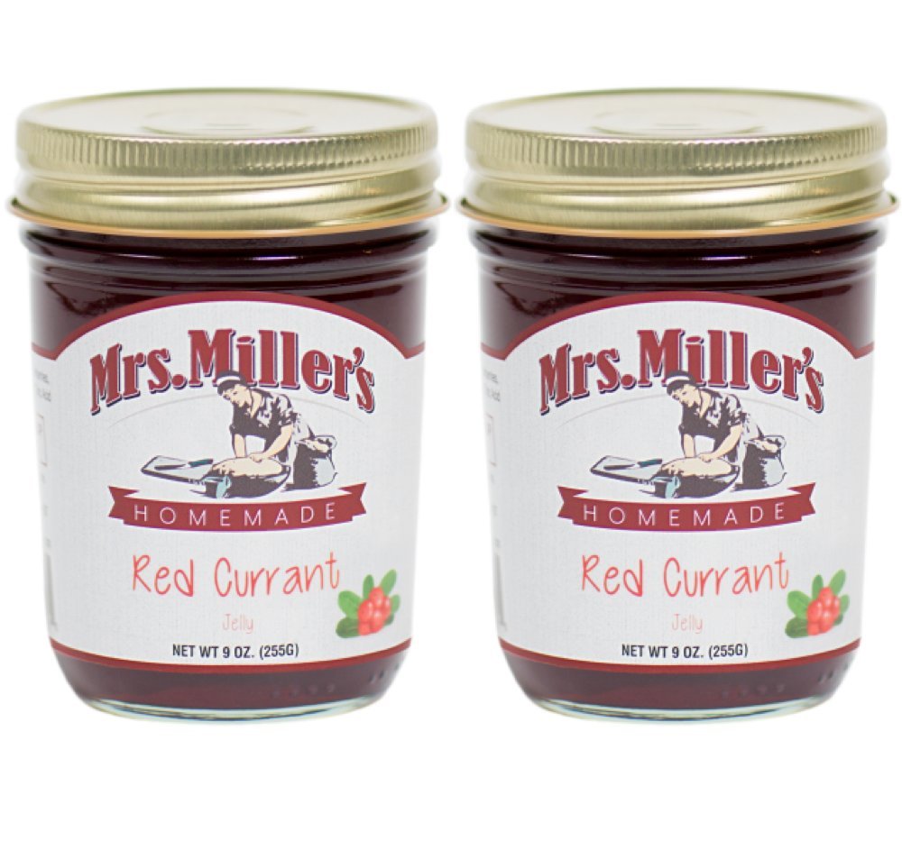 Mrs. Miller's red currant jelly jar front view for spreading on toast.