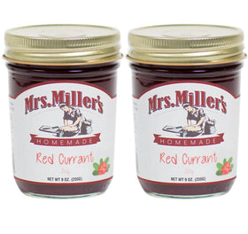 Mrs. Miller's red currant jelly jar front view for spreading on toast.