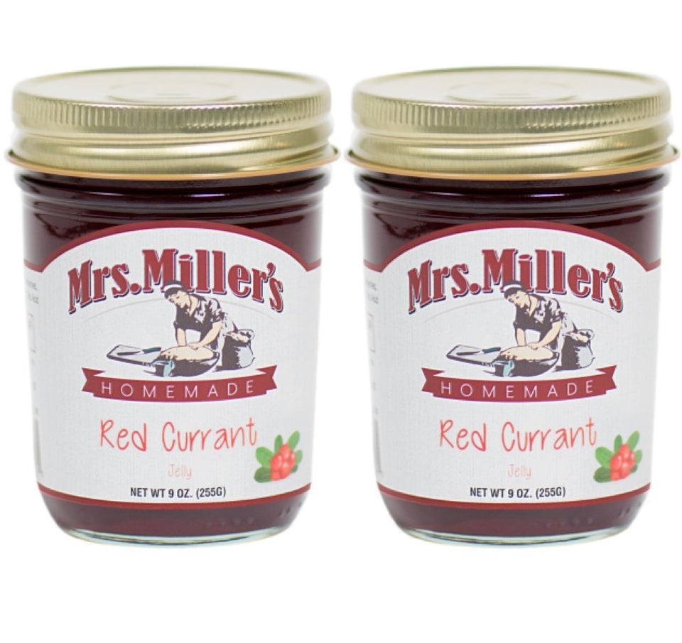 Mrs. Miller's red currant jelly jar front view for spreading on toast.