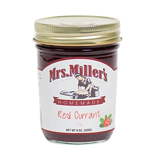 Mrs. Miller's red currant jelly label closeup highlighting ingredients and quality.