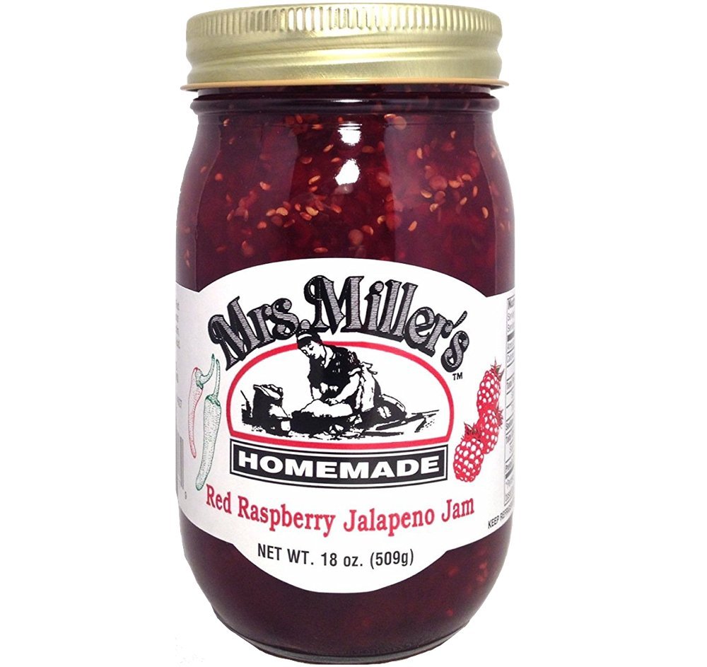 Mrs. Miller's Red Raspberry Jalapeño Jam bottle front, vibrant color and inviting aroma