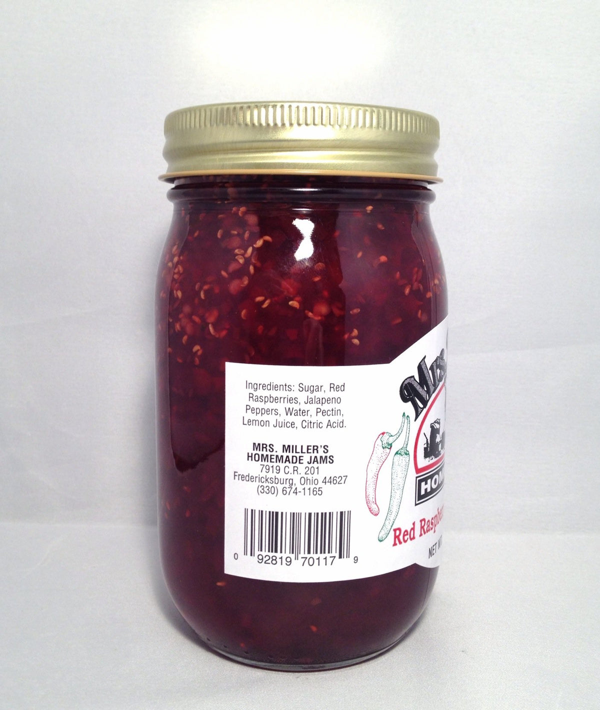 Mrs. Miller's Red Raspberry Jalapeño Jam jar side showing label and texture