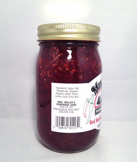 Mrs. Miller's Red Raspberry Jalapeño Jam jar side showing label and texture