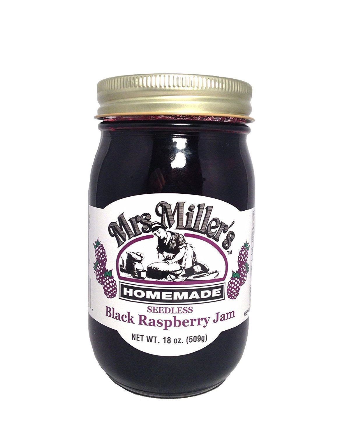 Mrs. Miller's seedless black raspberry jam bottle with smooth, ready-to-spread texture.