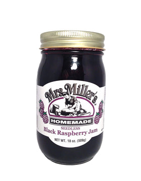 Mrs. Miller's seedless black raspberry jam bottle with smooth, ready-to-spread texture.
